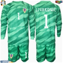 Otroški Nogometni dresi Hrvaška Dominik Livakovic #1 Vratar Gostujoči EP 2024 Dolgi Rokav (+ Kratke hlače)